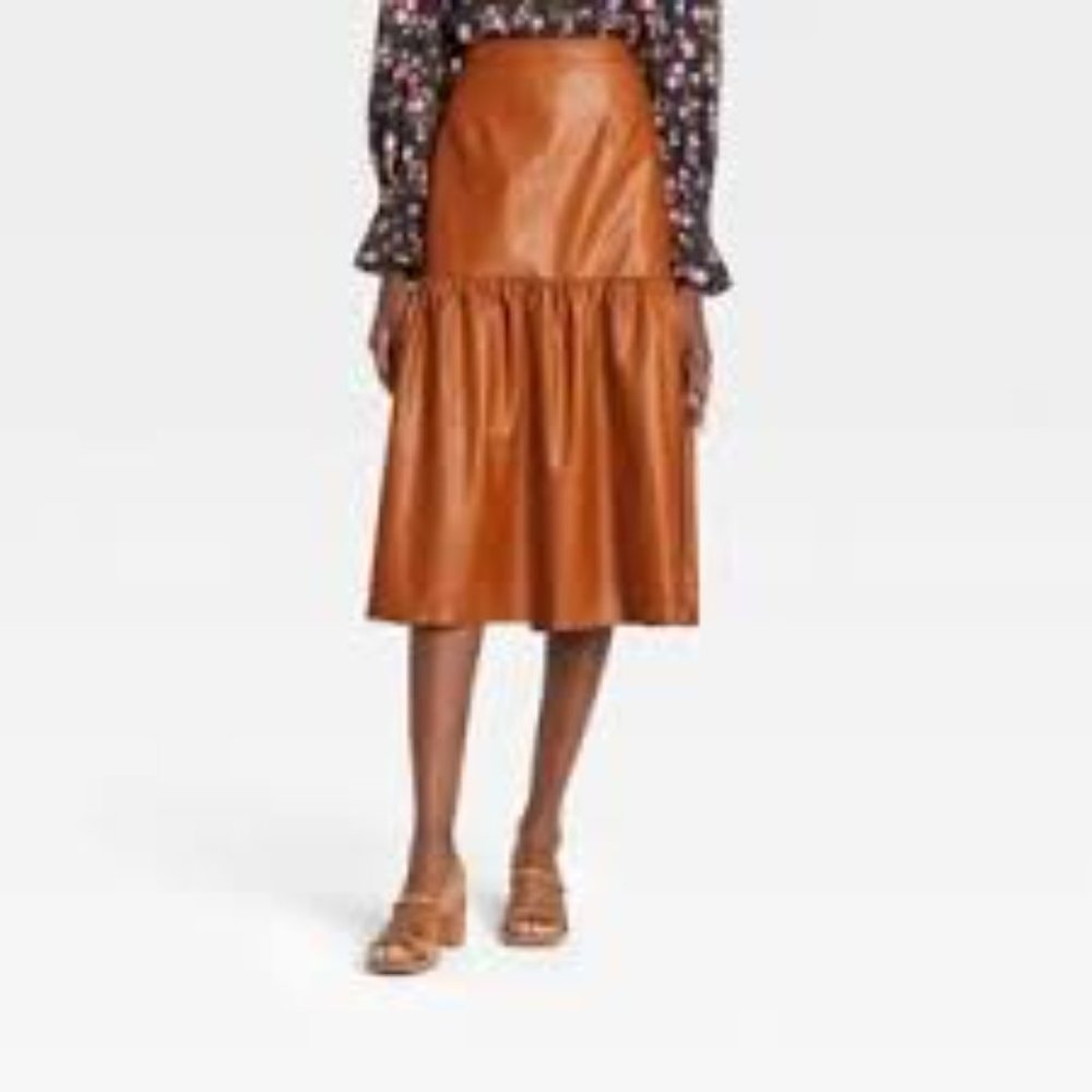 Who What Wear brown faux leather ruffled skirt